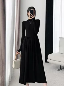 Vestidos casuais outono inverno quente magro pullovers camisola vestido moda tricô algodão mulheres manga longa preto elegante a linha midi