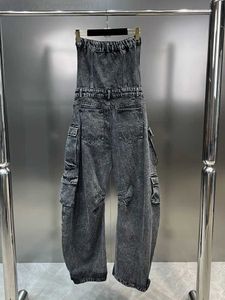 سروال نسائي Capris Chicr Streetwear Denim Belesuits للنساء بلا حمالات من الكتف عالي الخصر البضائع سراويل y2k نمط بذلة Fe L231129