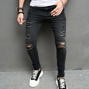 Calças de brim magros masculinas casuais slim biker jeans denim buracos no joelho borla angustiado hiphop calças rasgadas lavadas fashional calças lápis de peso médio