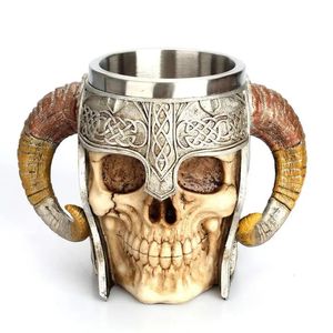 Water Bottles Stainless Steel Skull Mug Viking Drinking Cup Skeleton Resin Beer Stein Tankard Coffee Mug Tea Cup Halloween Gift Bar Drinkware 231129