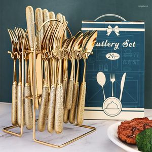 Dinnerware Sets 24Pcs Ceramic Handle Golden Cutlery Set Stainless Steel Knife Fork Spoon Tableware Flatware Festival Kitchen Gift