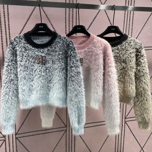 New design women's letter rhinestone logo gradient color fashion mohair wool knitted thick sweater jumpers SML