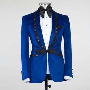 Smoking da sposa in velluto blu royal slim fit abiti da uomo scialle con paillettes blazer con risvolto bottone con nodo abito formale solo giacca