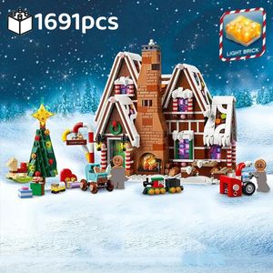 Christmas Toy Supplies Santa Claus Gingerbread House Scenery With Light Building Blocks Bricks MOC 10267 Winter Village Kid Assembly Gift 231128