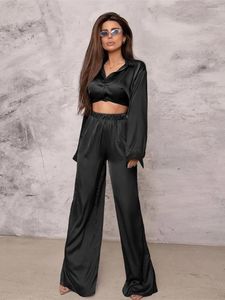 Women's Sleepwear Marthaqiqi Satin Loose Pajamas Sets Long Sleeve Turn-Down Collar Nightwear Wide Leg Pants Femme Pyjamas Suits