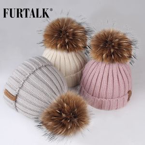 Caps Hats FURTALK Winter Pompom hat for Kids Ages 1-10 Knit Beanie winter baby hat for children fur Pom Hats for girls and boys 231129