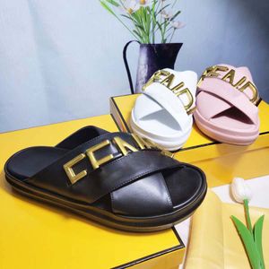 Slippers Slides Designer Sandals FD GRAPHY Black Leather Slides Sandals With Wide Crossover Bands Made of Black Leather Embellished With Golden Metal Lettering