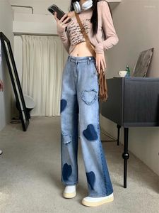 Women's Jeans Love Print Pants Baggy Full Length High Waist Contrast Color Denim Trousers Y2k Casual Cute Flared Long