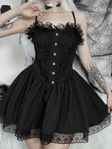 Sıradan elbiseler koyu goth lolita gotik dantel trim a-line korse elbise grunge e-kız tarzı estetik siyah parti sling kadın alt kıyafetler