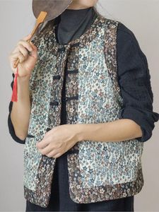 Weste Johnature Frauen gesteppte Weste Polyesterdruck Blumenmantel ärmellose Knopf 2022 Herbst Winter neuer chinesischer Stil dicker Mantel