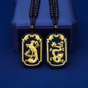 Chokers Hoyon Certified Real 999 Yellow Gold 24K Pure Natural Jade Pendant Dragon Phoenix Bead Rope Chain Necklace For Women Men smycken 231129