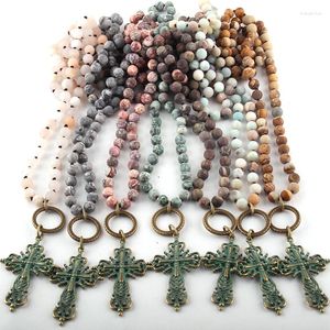 Naszyjniki wiszące moda bohemian plemienna biżuteria naturalna półprzewodnikowa kamienie wiązane metalowy naszyjnik krzyżowy