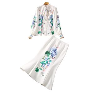 Autumn White Floral Print Ribbon Tie Two Piece Dress Sets Long Sleeve Round Neck Single-Breasted Blouse + Mid-Calf Mermaid Skirt Set Two Piece Suits S3O261026