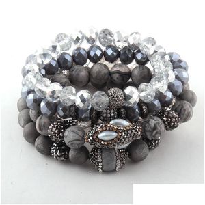 Perlen Fashion Beautif 5-teiliges Set Grau/Weiß/Schwarz Armband Naturstein Glas Kristall Pave Armbänder Drop Lieferung Schmuck Dhcih