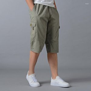 Erkek şortları sıradan pantolon pamuk elastics bel, 6 cepli diz kargo altında büyük yazlık yaz iş pantolonları gevşek