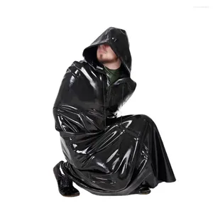 Men's Trench Coats Wetlook PVC Sleeveless Hooded Long Glossy Faux Leather Zipper Bondage Robe Mens Raves Party Cosplay Cloak Club