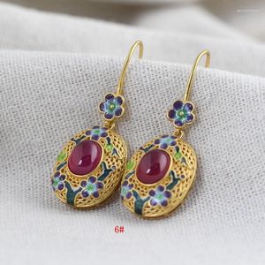 Dangle Earrings FNJ Cloisonne Spend December Drop 925 Silver Original Pure S925 Sterling Earring For Women Jewelry Rose Corundum