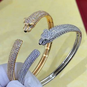 Bangle Marca Clássica 925 Sterling Silver Full Diamond Leopard Cabeça Pulseira Mulheres Moda Luxo Jóias Partido Casal Presente 231129