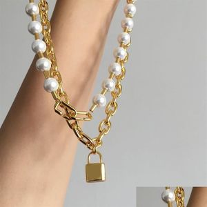 Anhänger Halsketten Titan mit 18 Karat Gold Faux Pearl Layered Lock Statement Halskette Edelstahl Schmuck T Show Party Runway Boho J Dhgoa