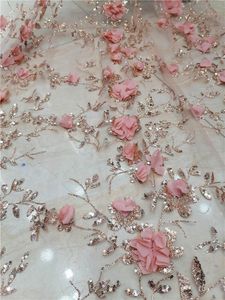 Dresses Beautiful Africa lace Glue Glitter With 3D flowers French tulle mesh fabric for Party dresses/weddings Gown dress Pink/ White