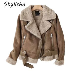 Womens Leather Faux Stylishe Winter Women Thick Warm Suede Lamb Jacket Loose Punk Moto Biker Shearling Sheepskin Jackets Outerwear Tops 231129