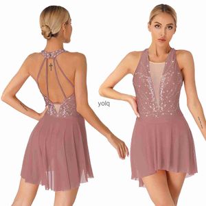 Stage Wear Womens Figure Ice Skating Dress Lyrical Dance Ballet Gymnastics Leotard Sleeveless Rhinone Stage Performance Dancewearyolq8