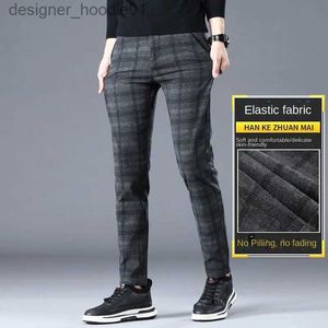 Herrbyxor 2022 Spring Autumn England Plaid Work Stretch Pants Men Affärsmode Slim Fit Grey Blue Casual Pant Brand Trousers 38 L231129