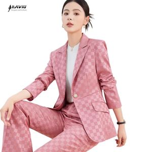 Kvinnors tvåbitar byxor Naviu Pink Plaid Suit Autumn Winter Fashion Temperament Business Formal Blazer and Set Office Lady Wear Wear 231128