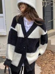 Womens Knits Tees Striped Overcoat Waterproof Mink Jacket Knit Cardigan Top Clothes Laziness Single Breasted Vneck Sweater Autumn Winter 231129