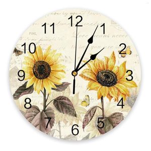 Wanduhren Vintage Blumen Schmetterlinge Gelbe Sonnenblume Uhr Modernes Design Wohnzimmer Dekoration Küche Silent Home Decor