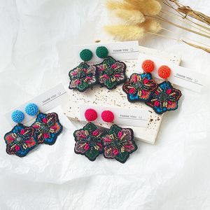 Stud Earrings Boho Style Handcrafted Chinese Embroidery Vintage Tribal Designer Ethnic Ear Woven Rice Beaded Flower Jewelry Gift