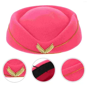 Berets Women Stewardess Hat Felt Flight Attendant Costume Air Hostess For Cosplay Band Musical Performance (Rosy Size M)