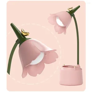 Lâmpadas de mesa Estudante dormitório lâmpada de cabeceira com suporte de telefone flor pássaro decorativo 3 níveis de escurecimento ajustável para quarto sala de estar