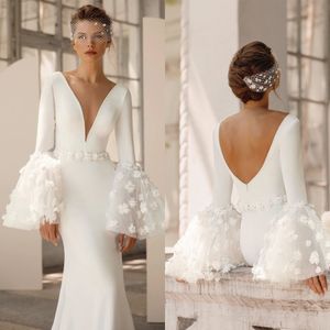 Elegante sereia vestidos de casamento com decote em v 3d flores vestidos de noiva novia puff manga longa vestido de noiva