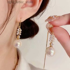 Stud Real Gold Plated Silver Pin Zircon Leaf Pearl Tassel Earrings YQ231128
