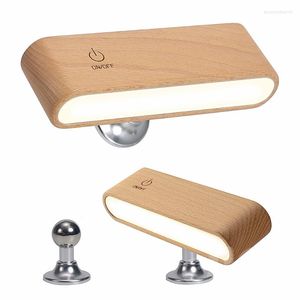 Lampade da tavolo JJC LED Luci notturne magnetiche ricaricabili Girevole a 360 ° Lampada da lettura portatile da comodino da parete in noce nera