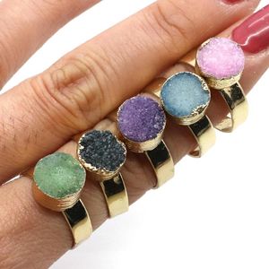 Cluster Rings Natural Stone Round Crystal Ring 10mm Open Adjustable Colorful Onyx Charm Fashion Jewelry DIY Boutique Women's Accessories