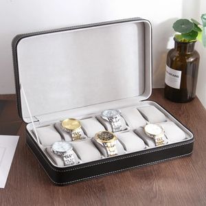 Titta på lådor Fall Vansiho Promotion Pu Leather Green/Black/Grey Color 6/10/12 Slots dragkedja smycken Watch Box For Travel Display Case 231128