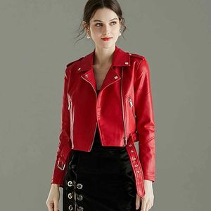 Women Leather Jackets Lady Pu Bomber Motorcycle Biker Pink Yellow Black Faux Coats with Belt Outerwear