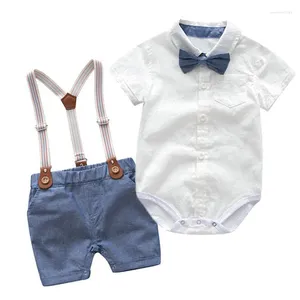 Conjuntos de roupas nascidos bebê menino arco formal macacão roupas ternos cavalheiro terno de festa de algodão macio macacão suspender calças infantil criança conjunto