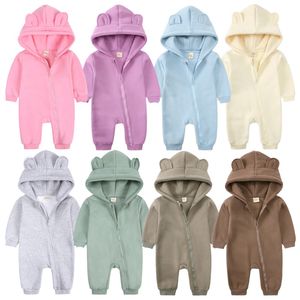 Baby Girls Clothes Solid Rabbit Hooded Long-sleeve Baby Jumpsuit Unisex Baby Winter Clothes for Newborn 2073