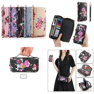 Crossbody löstagbar folio vogue telefonfodral för iPhone 14 13 12 11 Pro Max Samsung Galaxy S23 Ultra S22 Note20 RFID Blockering av blommor läder plånbok skyddsskal