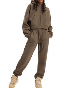 Calças femininas de duas peças outono e inverno roupas de campo de pista de duas peças suéter com capuz com zíper casual cintura alta sólida Oneck calças de mangas compridas 231129