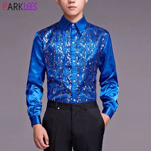 Camisas casuais masculinas brilhantes azul real lantejoulas cetim camisas masculinas manga comprida slim fit glitter boate camisa masculina festa palco baile coro chemise 231128