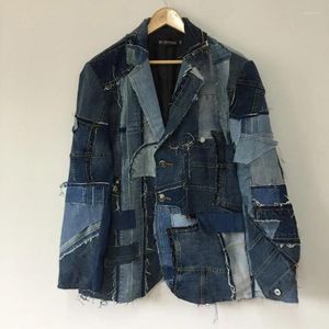 Men's Suits 2023 Autumn Tide Heavy Industry Beggar Tear Denim Patch Coat Patchwork Handsome Streetwear Deconstructed Jackets