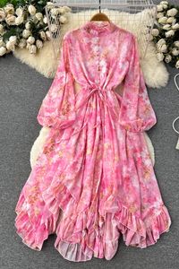 Casual Dresses 2023 Dresses Women European Vintage Lantern Sleeves Fragmented Flower Dress Spring Lace Up Waist Design Ruffled Fairy Vestidos