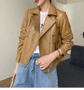 Women's Leather Sheep Skin Short Suit Collar Loose Casual Coat Spring And Autumn Motorcycle Jacket