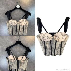 Camis Women Spaghetti Strap Mesh Corset Crop Top French Style Vintage Embroidery Bustier Camisole Sexy VNeck Boned Tank Top wholesale