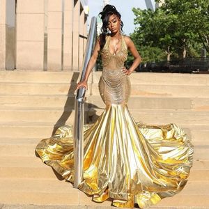 Sparkly Gold Crystal Prom Dresses Backless Rhinestone Tassel Mermaid Party Gowns Sweep Train African Women Evening Dress