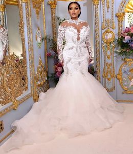 2024 Luxury Mermaid Wedding Dress Lace Appliqued Beaded Bridal Gowns With Long Sleeves Sheer Jewel Neckl Sweep Train Vestido De Novia Customed
